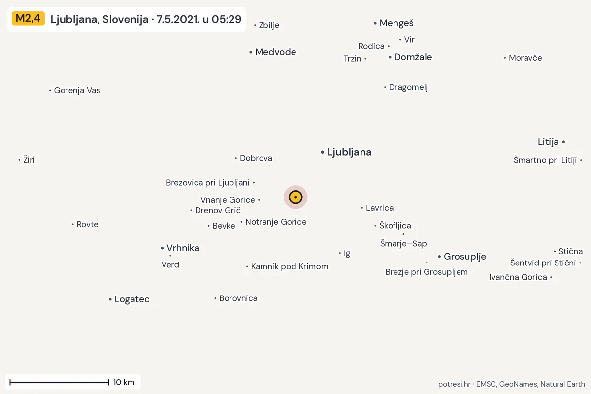 Karta: okolica epicentra, 60 km, potres M2,4, Ljubljana, Slovenija, 7.5.2021.