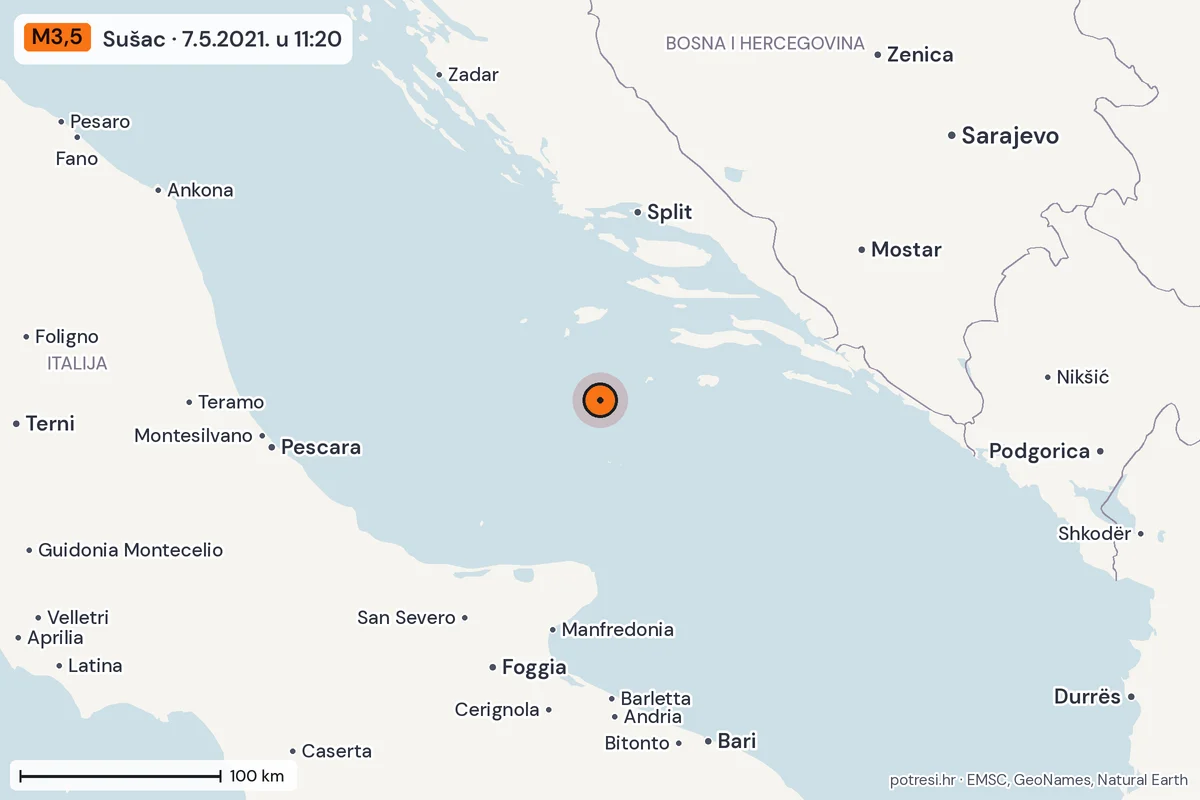 Karta: šire područje, 600 km, potres M3,5, Sušac, 7.5.2021.