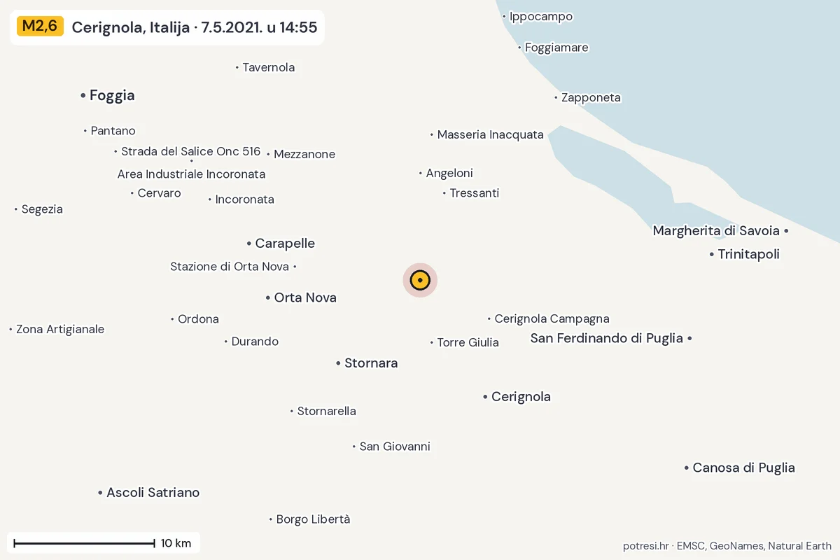 Karta: okolica epicentra, 60 km, potres M2,6, Cerignola, Italija, 7.5.2021.