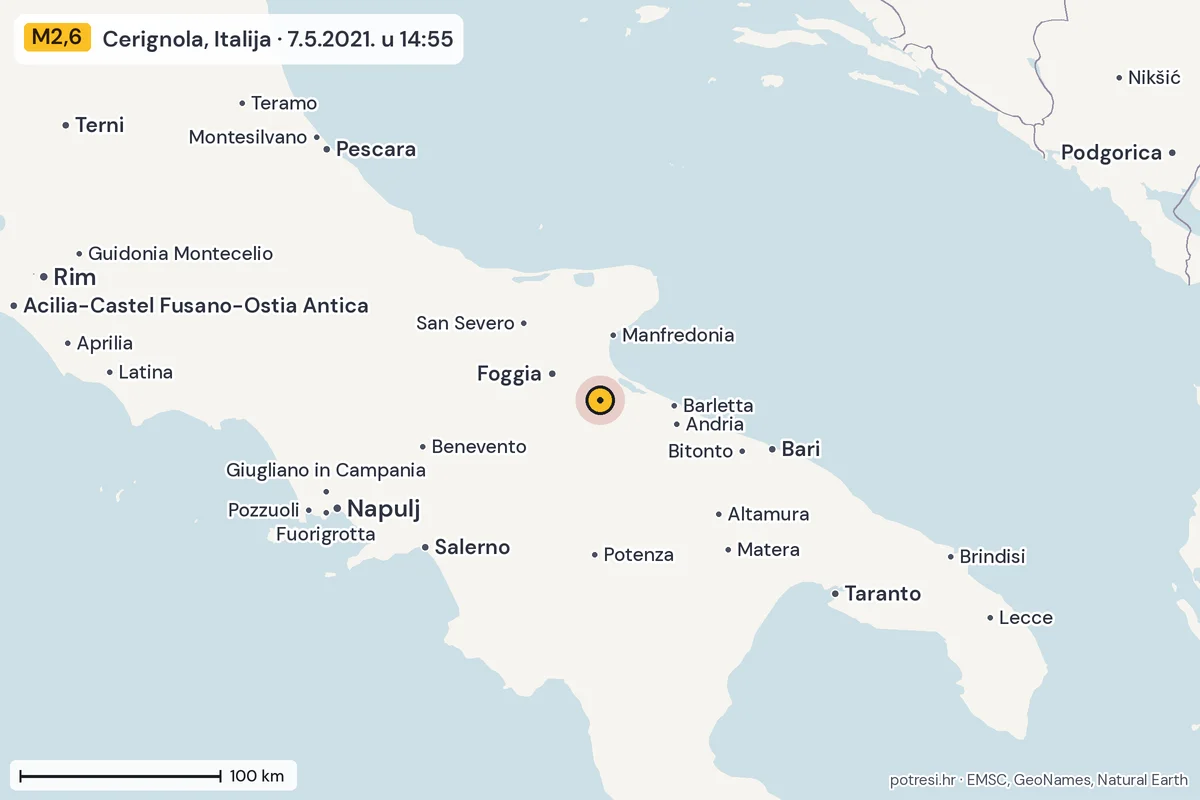 Karta: šire područje, 600 km, potres M2,6, Cerignola, Italija, 7.5.2021.