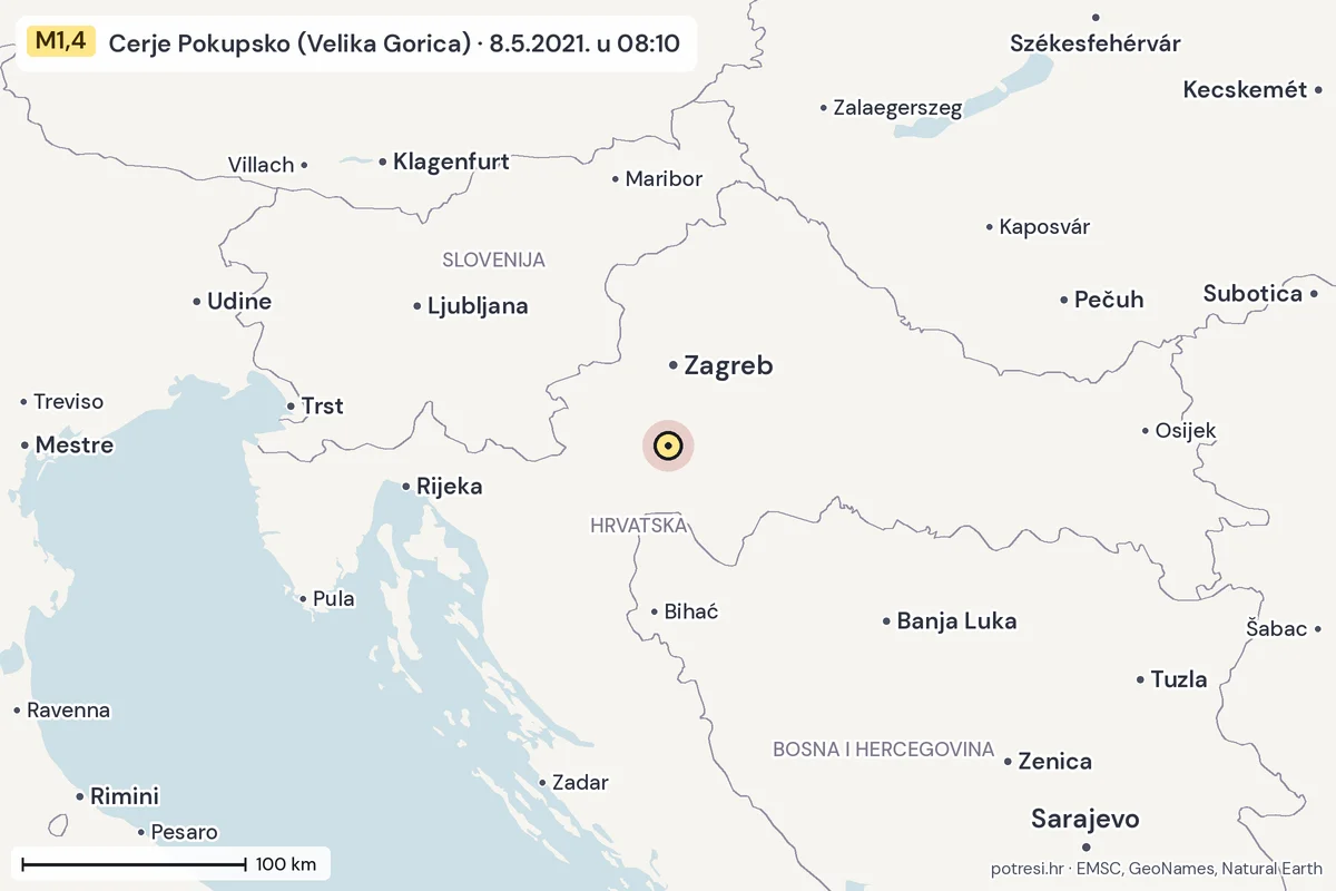 Karta: šire područje, 600 km, potres M1,4, Cerje Pokupsko (Velika Gorica), 8.5.2021.