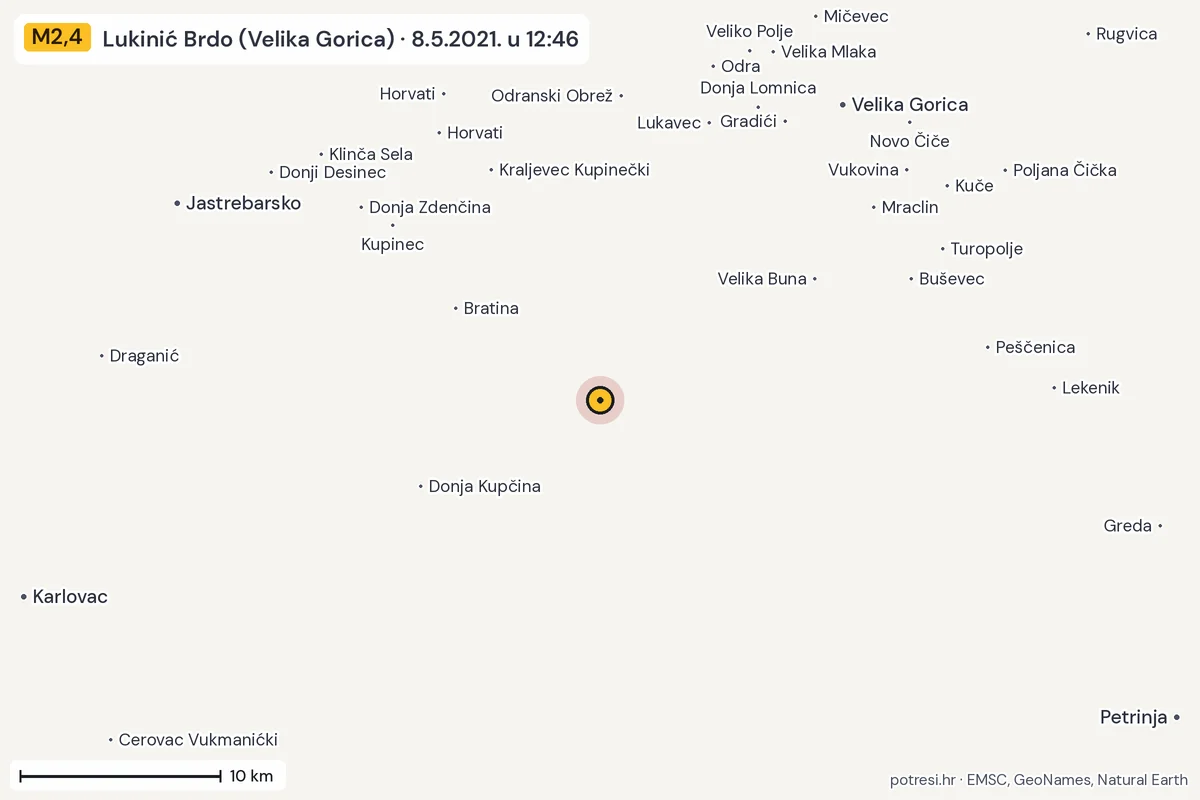 Karta: okolica epicentra, 60 km, potres M2,4, Lukinić Brdo (Velika Gorica), 8.5.2021.
