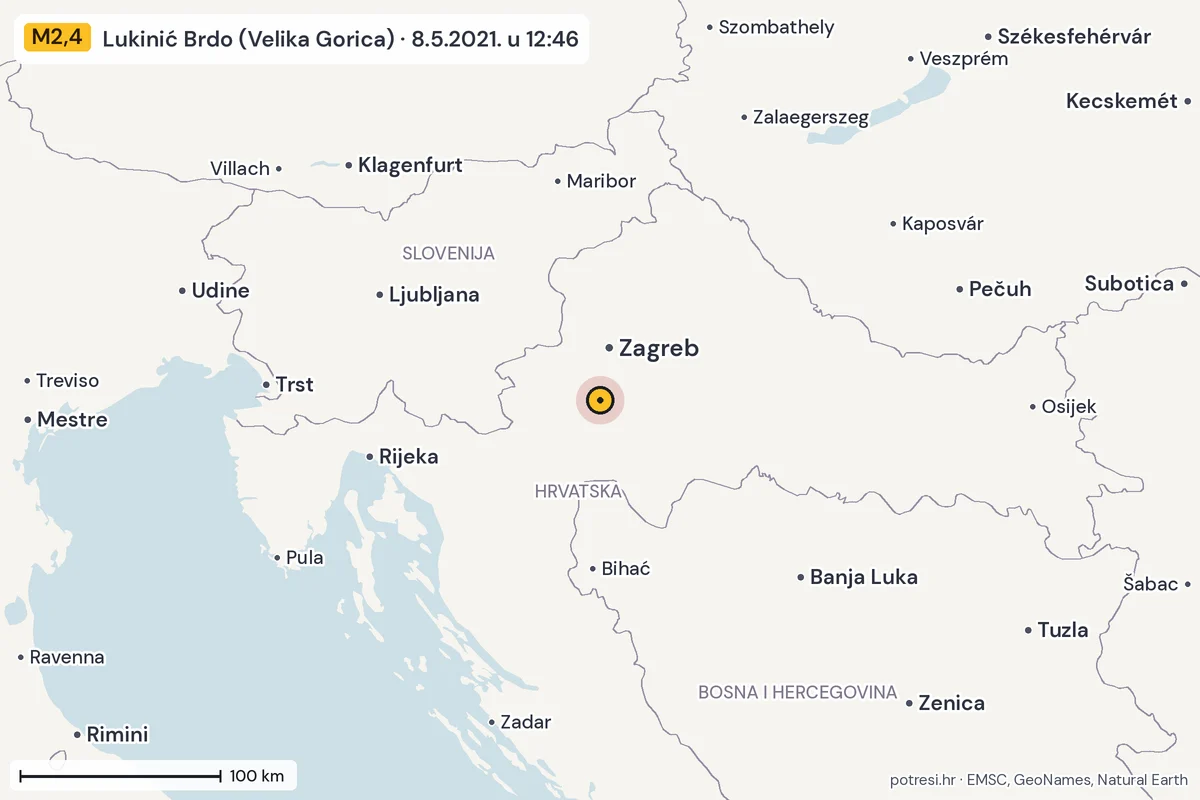 Karta: šire područje, 600 km, potres M2,4, Lukinić Brdo (Velika Gorica), 8.5.2021.