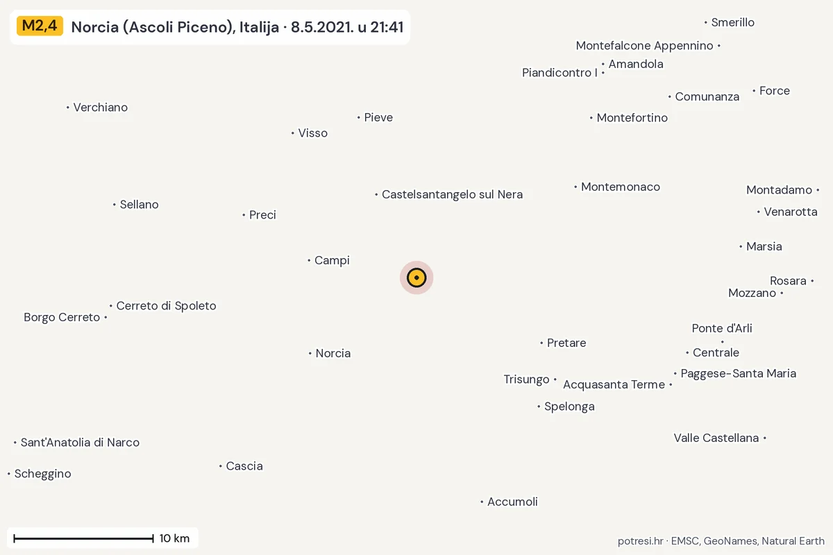 Karta: okolica epicentra, 60 km, potres M2,4, Norcia (Ascoli Piceno), Italija, 8.5.2021.