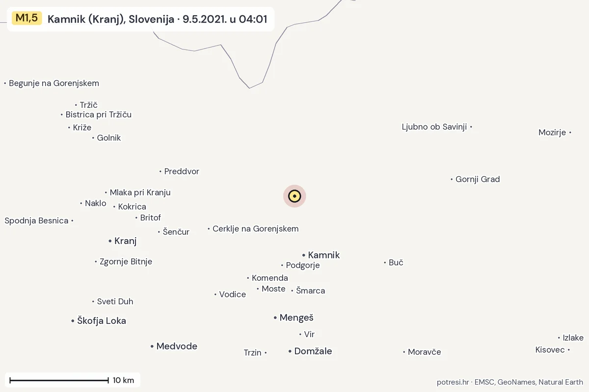 Karta: okolica epicentra, 60 km, potres M1,5, Kamnik (Kranj), Slovenija, 9.5.2021.