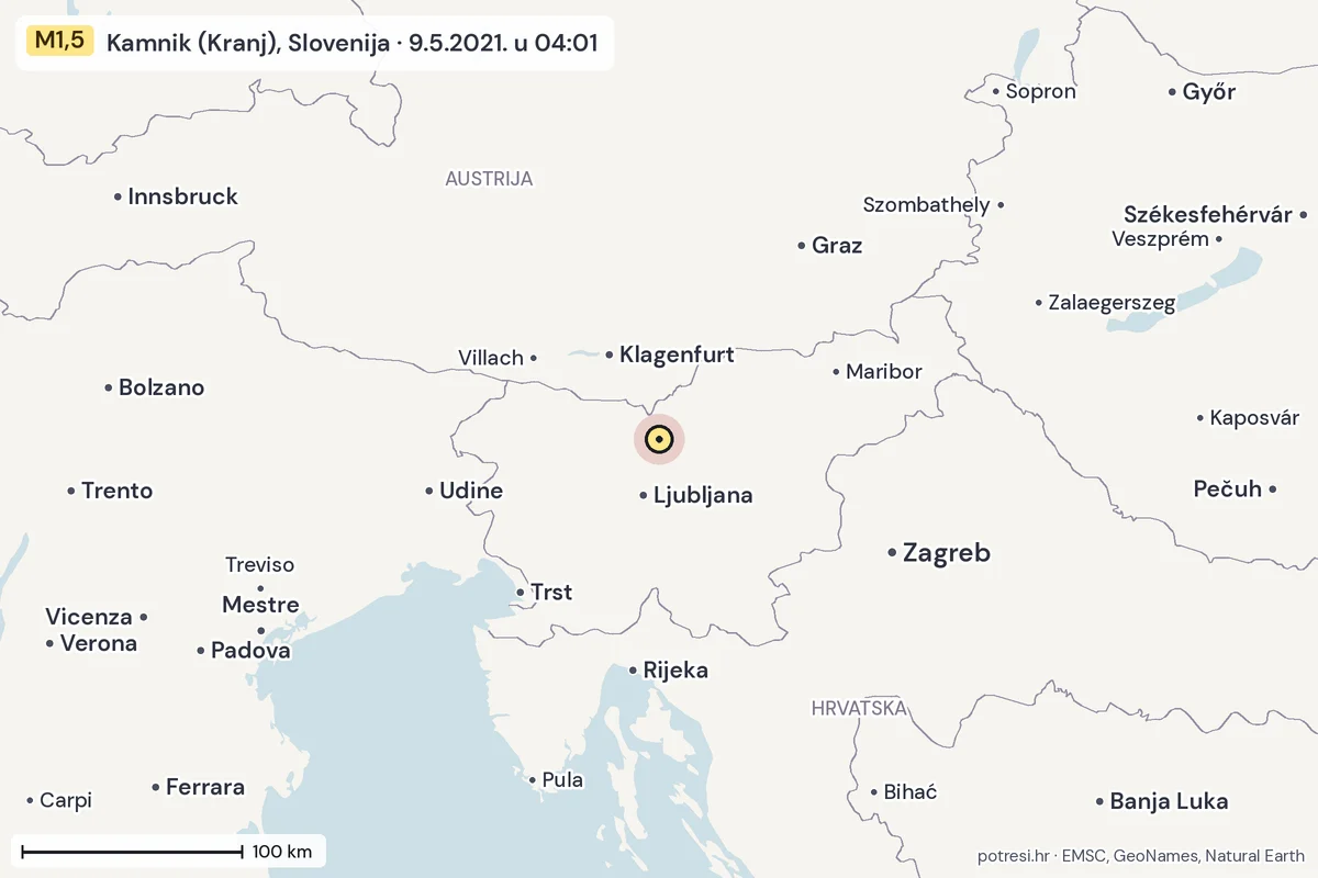 Karta: šire područje, 600 km, potres M1,5, Kamnik (Kranj), Slovenija, 9.5.2021.