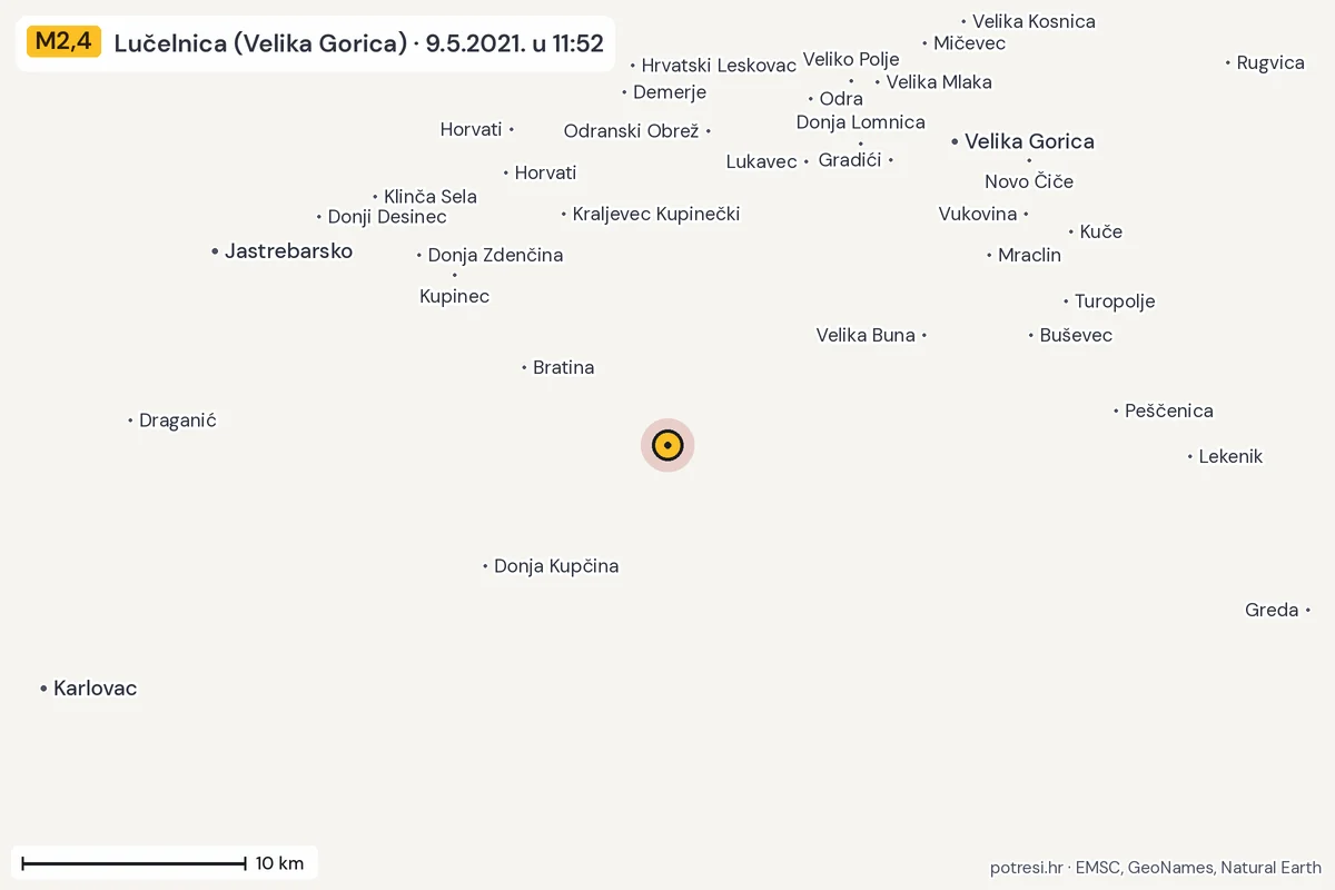 Karta: okolica epicentra, 60 km, potres M2,4, Lučelnica (Velika Gorica), 9.5.2021.