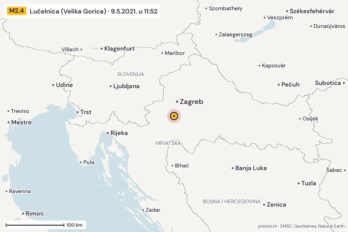 Karta: šire područje, 600 km, potres M2,4, Lučelnica (Velika Gorica), 9.5.2021.