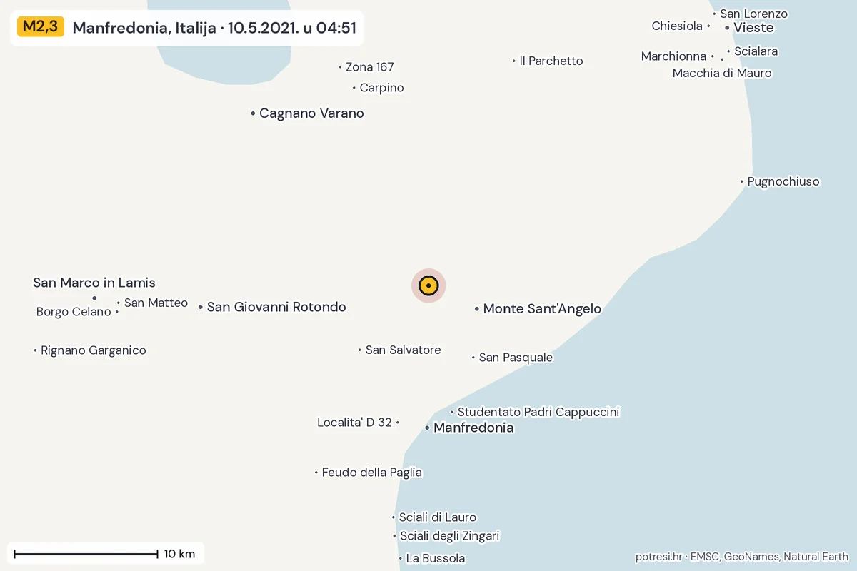Karta: okolica epicentra, 60 km, potres M2,3, Manfredonia, Italija, 10.5.2021.