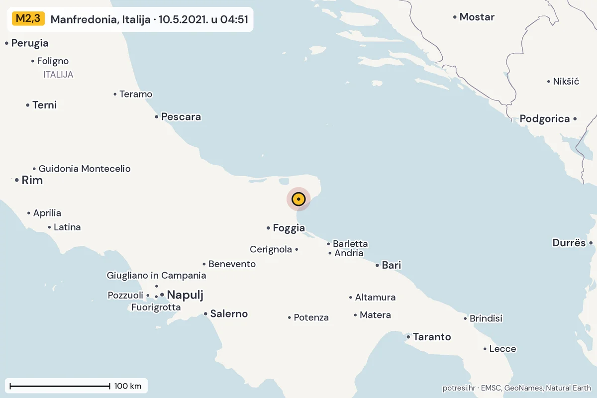 Karta: šire područje, 600 km, potres M2,3, Manfredonia, Italija, 10.5.2021.