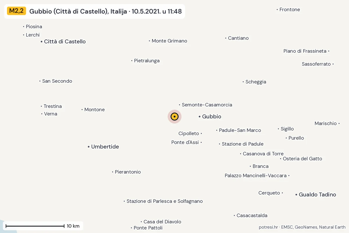 Karta: okolica epicentra, 60 km, potres M2,2, Gubbio (Città di Castello), Italija, 10.5.2021.