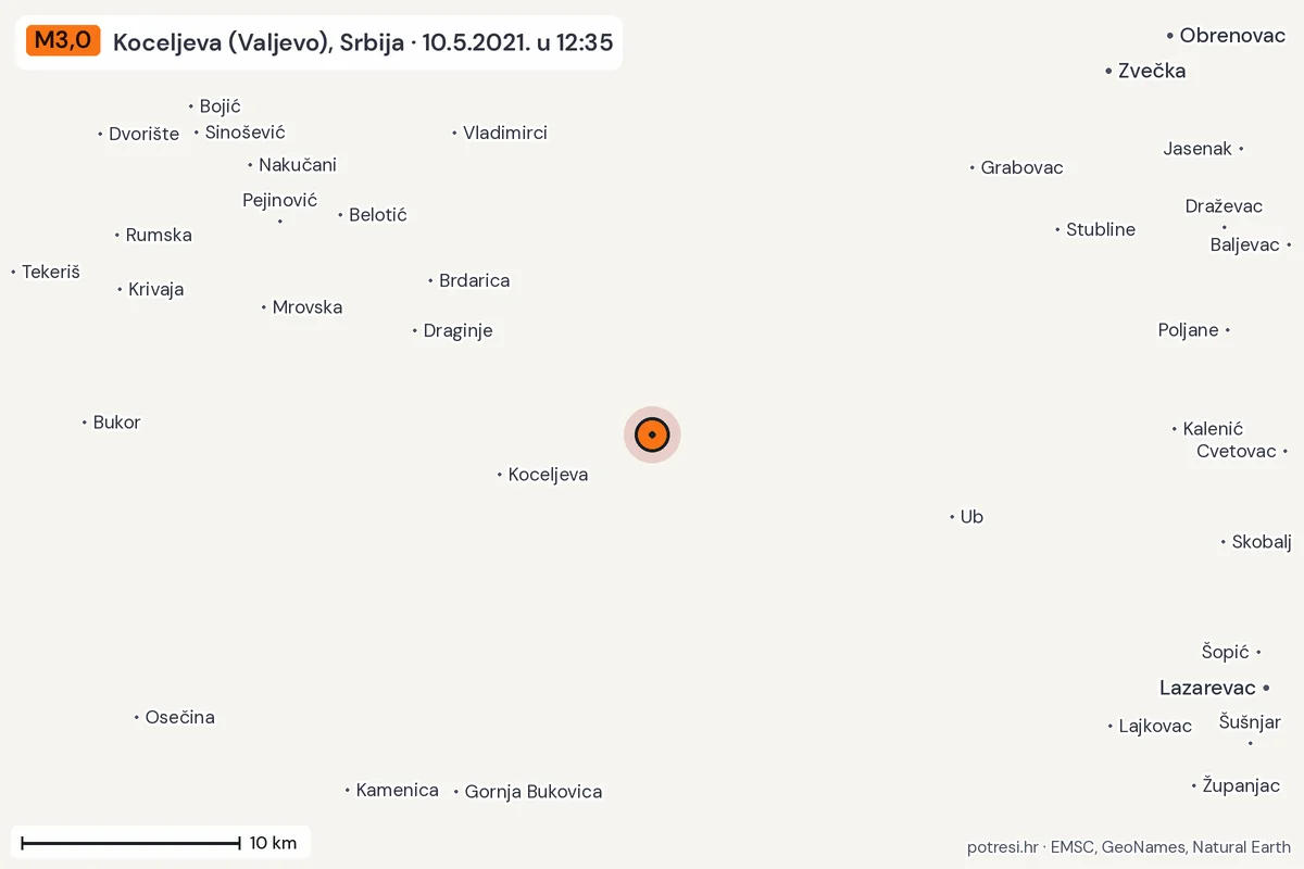 Karta: okolica epicentra, 60 km, potres M3,0, Koceljeva (Valjevo), Srbija, 10.5.2021.