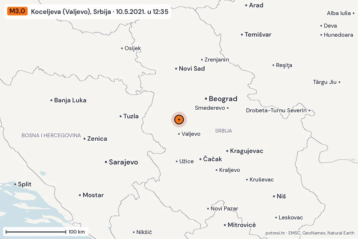Karta: šire područje, 600 km, potres M3,0, Koceljeva (Valjevo), Srbija, 10.5.2021.