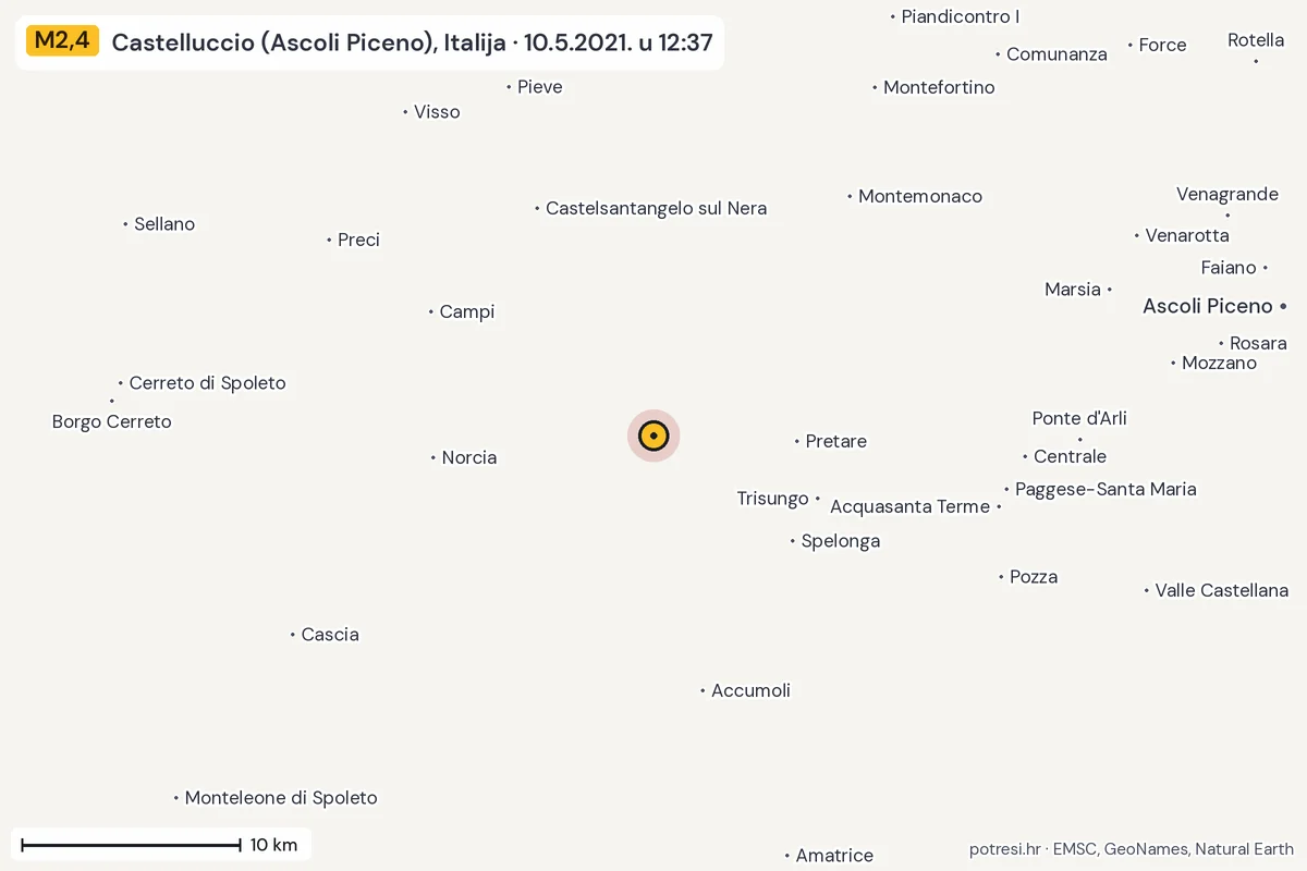 Karta: okolica epicentra, 60 km, potres M2,4, Castelluccio (Ascoli Piceno), Italija, 10.5.2021.