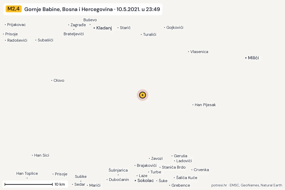Karta: okolica epicentra, 60 km, potres M2,4, Gornje Babine, Bosna i Hercegovina, 10.5.2021.