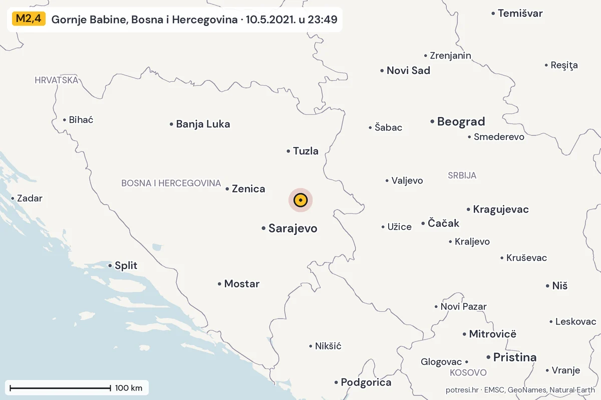 Karta: šire područje, 600 km, potres M2,4, Gornje Babine, Bosna i Hercegovina, 10.5.2021.