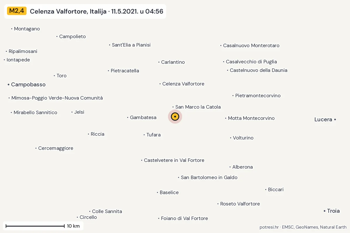 Karta: okolica epicentra, 60 km, potres M2,4, Celenza Valfortore, Italija, 11.5.2021.