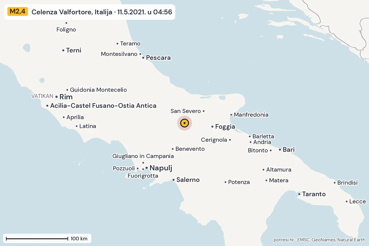 Karta: šire područje, 600 km, potres M2,4, Celenza Valfortore, Italija, 11.5.2021.