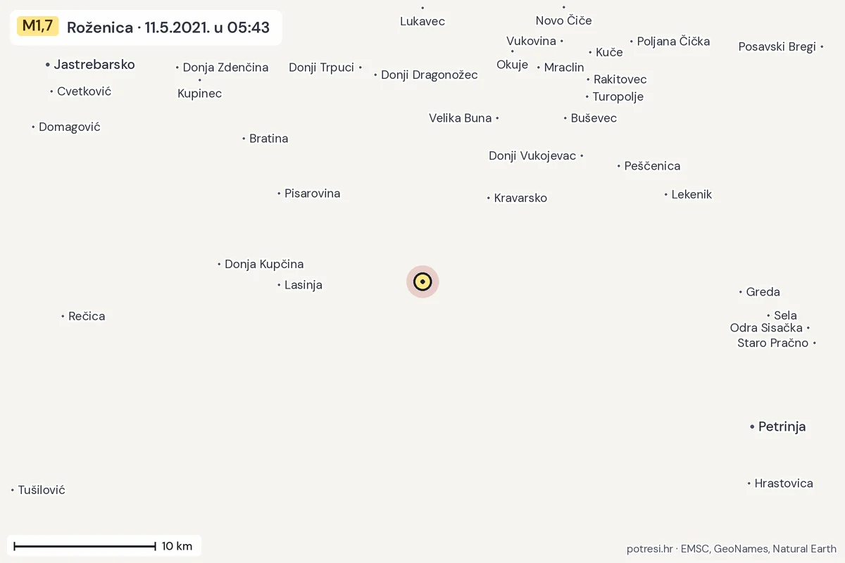 Karta: okolica epicentra, 60 km, potres M1,7, Roženica, 11.5.2021.