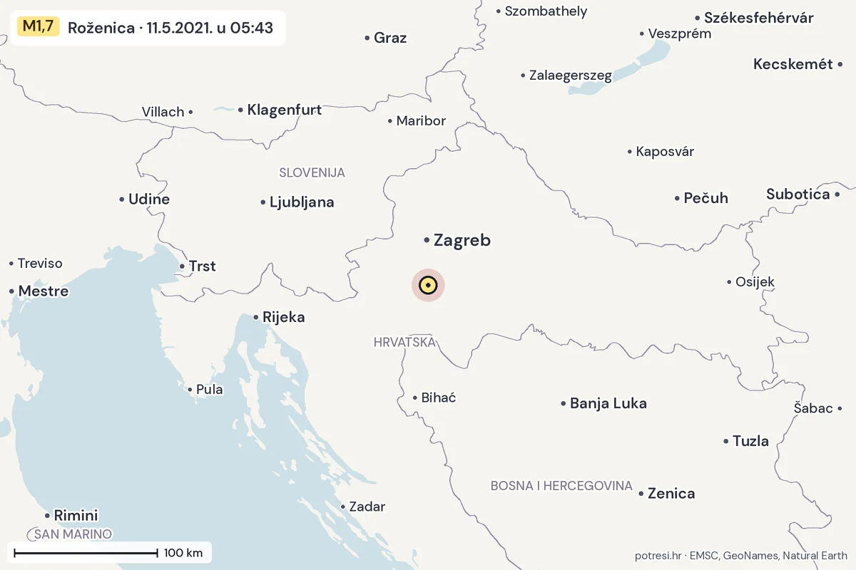 Karta: šire područje, 600 km, potres M1,7, Roženica, 11.5.2021.