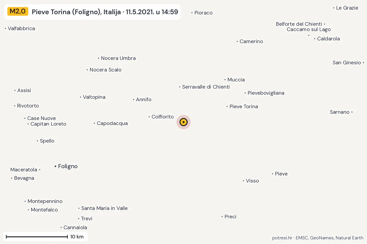 Karta: okolica epicentra, 60 km, potres M2,0, Pieve Torina (Foligno), Italija, 11.5.2021.