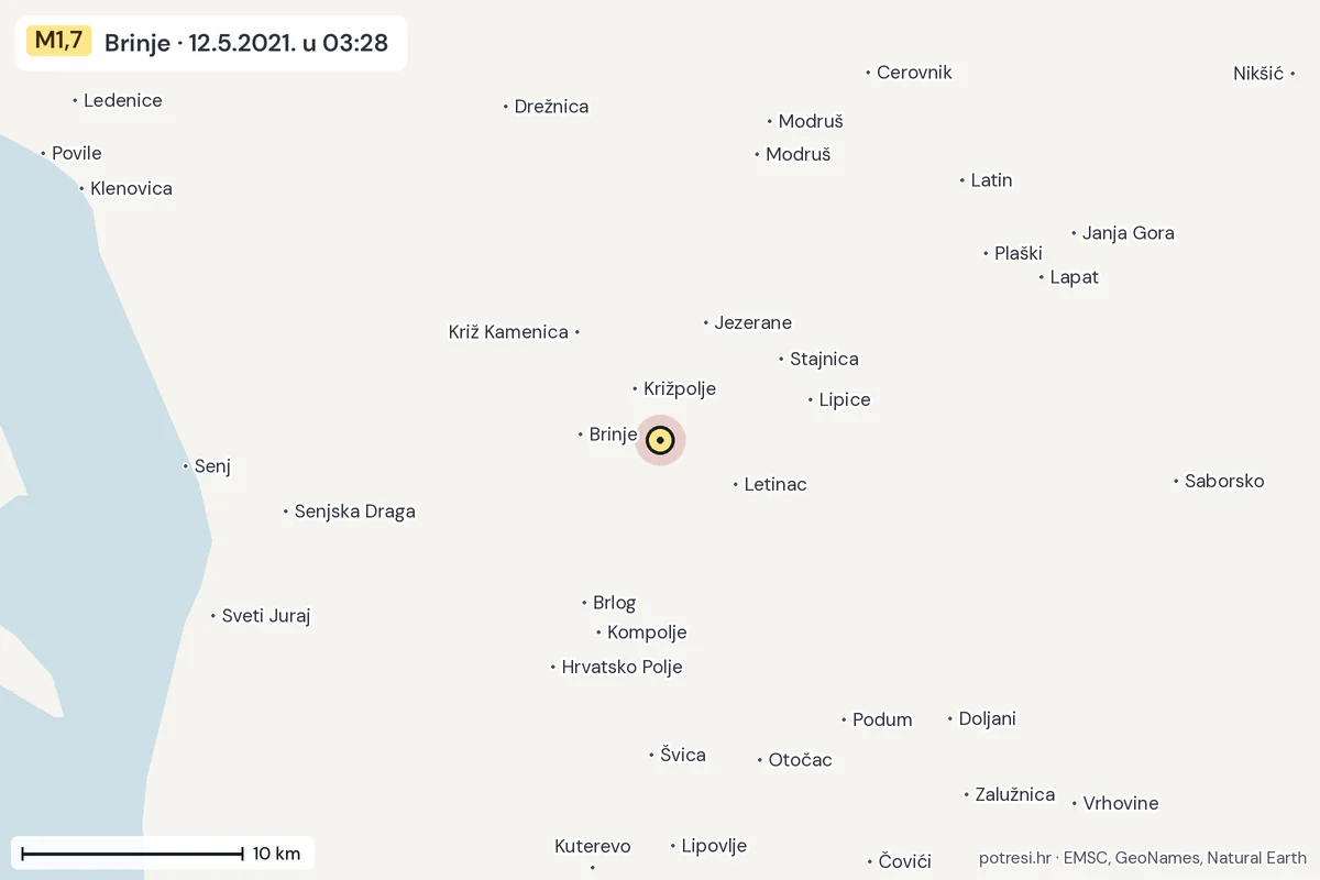 Karta: okolica epicentra, 60 km, potres M1,7, Brinje, 12.5.2021.