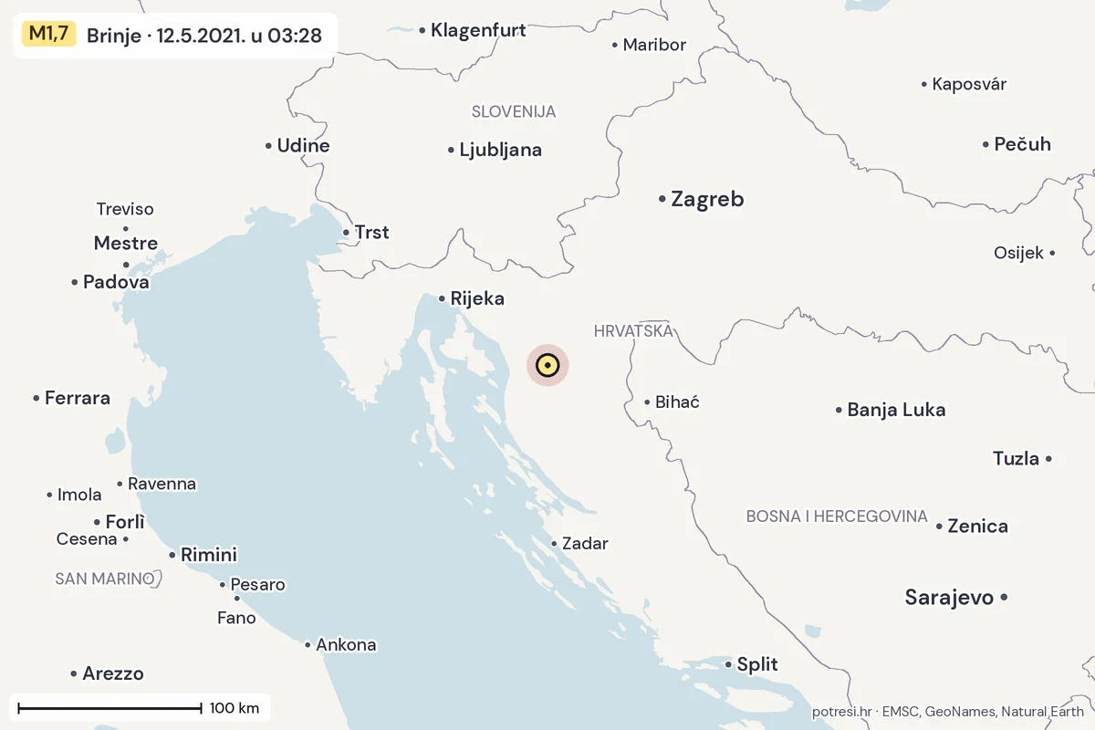Karta: šire područje, 600 km, potres M1,7, Brinje, 12.5.2021.