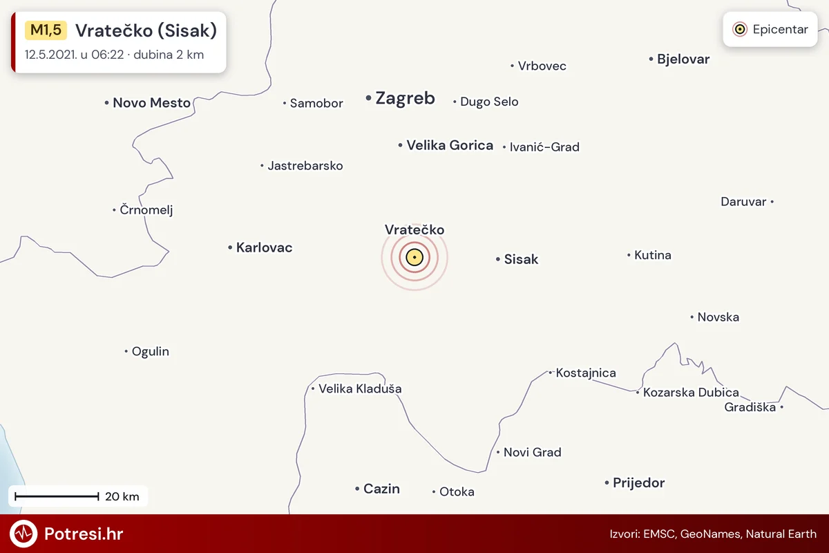 Karta: šire područje i vjerojatni doseg osjeta, potres M1,5, Vratečko (Sisak), 12.5.2021.