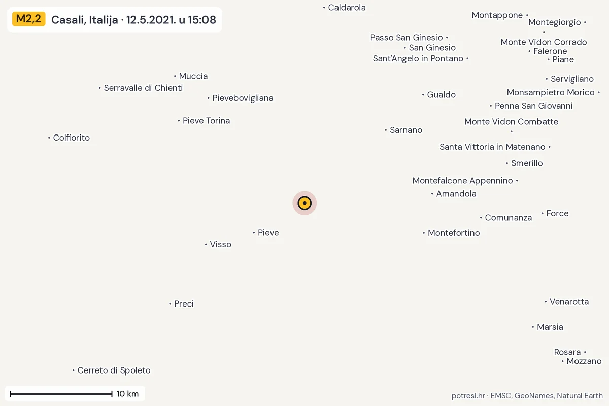 Karta: okolica epicentra, 60 km, potres M2,2, Casali, Italija, 12.5.2021.