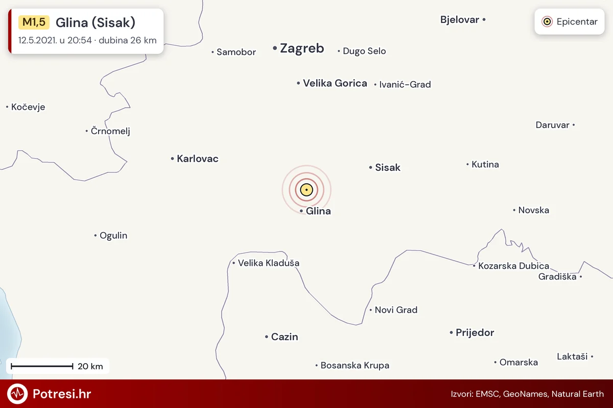 Karta: šire područje i vjerojatni doseg osjeta, potres M1,5, Glina (Sisak), 12.5.2021.