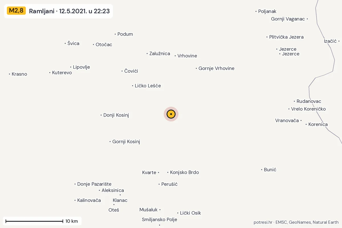 Karta: okolica epicentra, 60 km, potres M2,8, Ramljani, 12.5.2021.