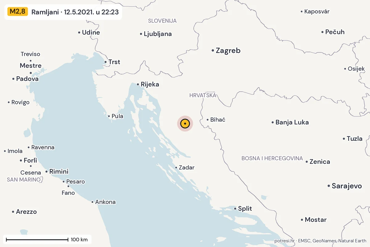 Karta: šire područje, 600 km, potres M2,8, Ramljani, 12.5.2021.