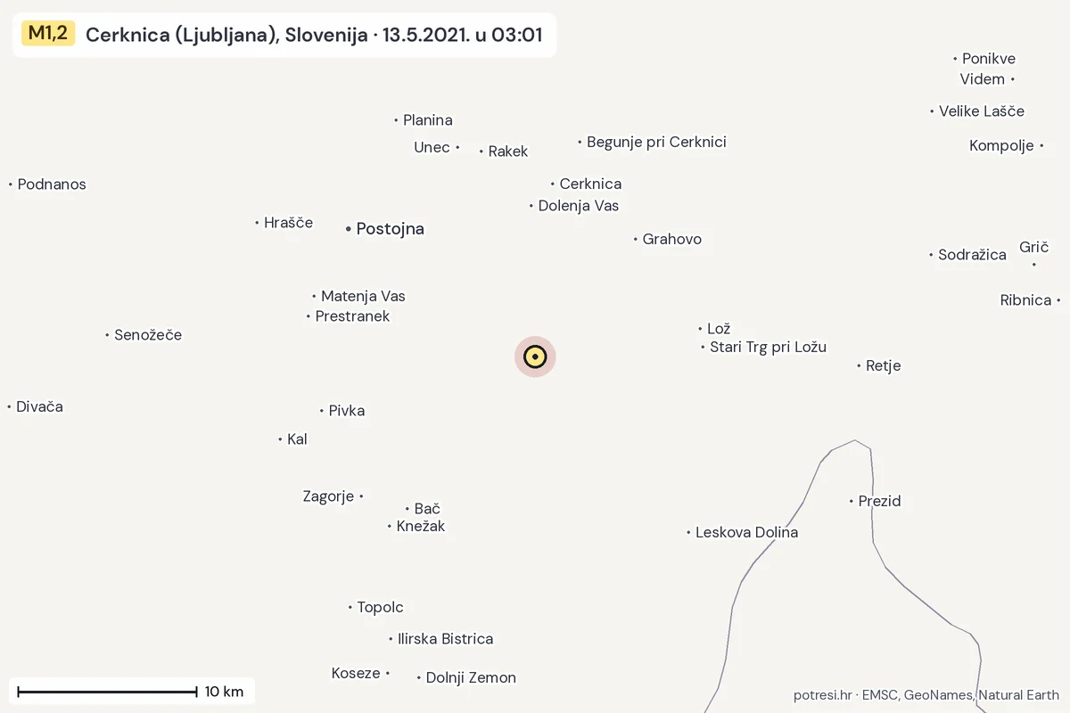 Karta: okolica epicentra, 60 km, potres M1,2, Cerknica (Ljubljana), Slovenija, 13.5.2021.