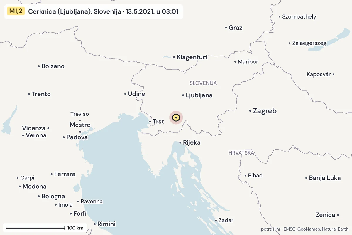 Karta: šire područje, 600 km, potres M1,2, Cerknica (Ljubljana), Slovenija, 13.5.2021.