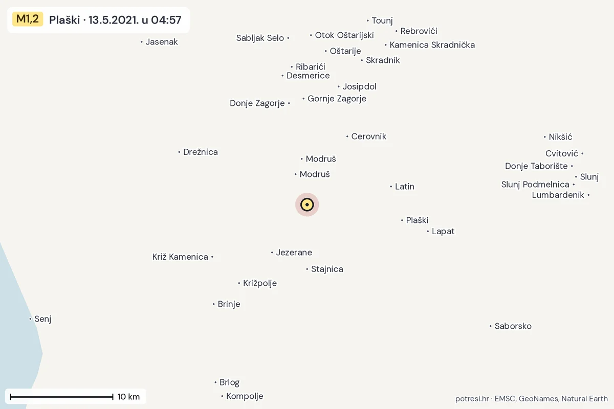 Karta: okolica epicentra, 60 km, potres M1,2, Plaški, 13.5.2021.