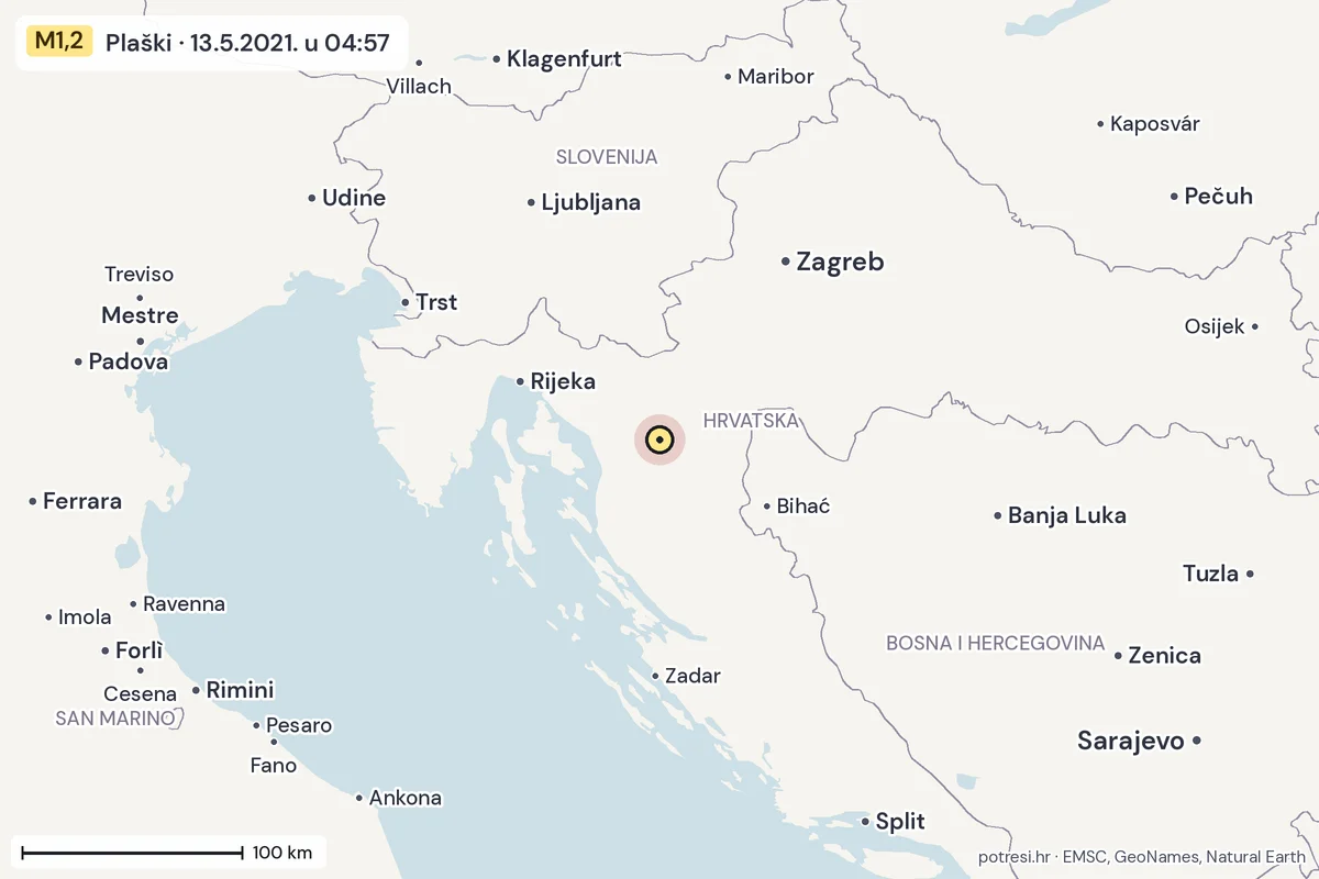 Karta: šire područje, 600 km, potres M1,2, Plaški, 13.5.2021.