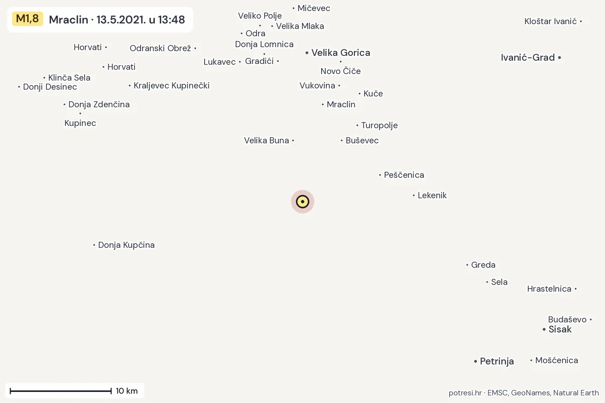 Karta: okolica epicentra, 60 km, potres M1,8, Mraclin, 13.5.2021.