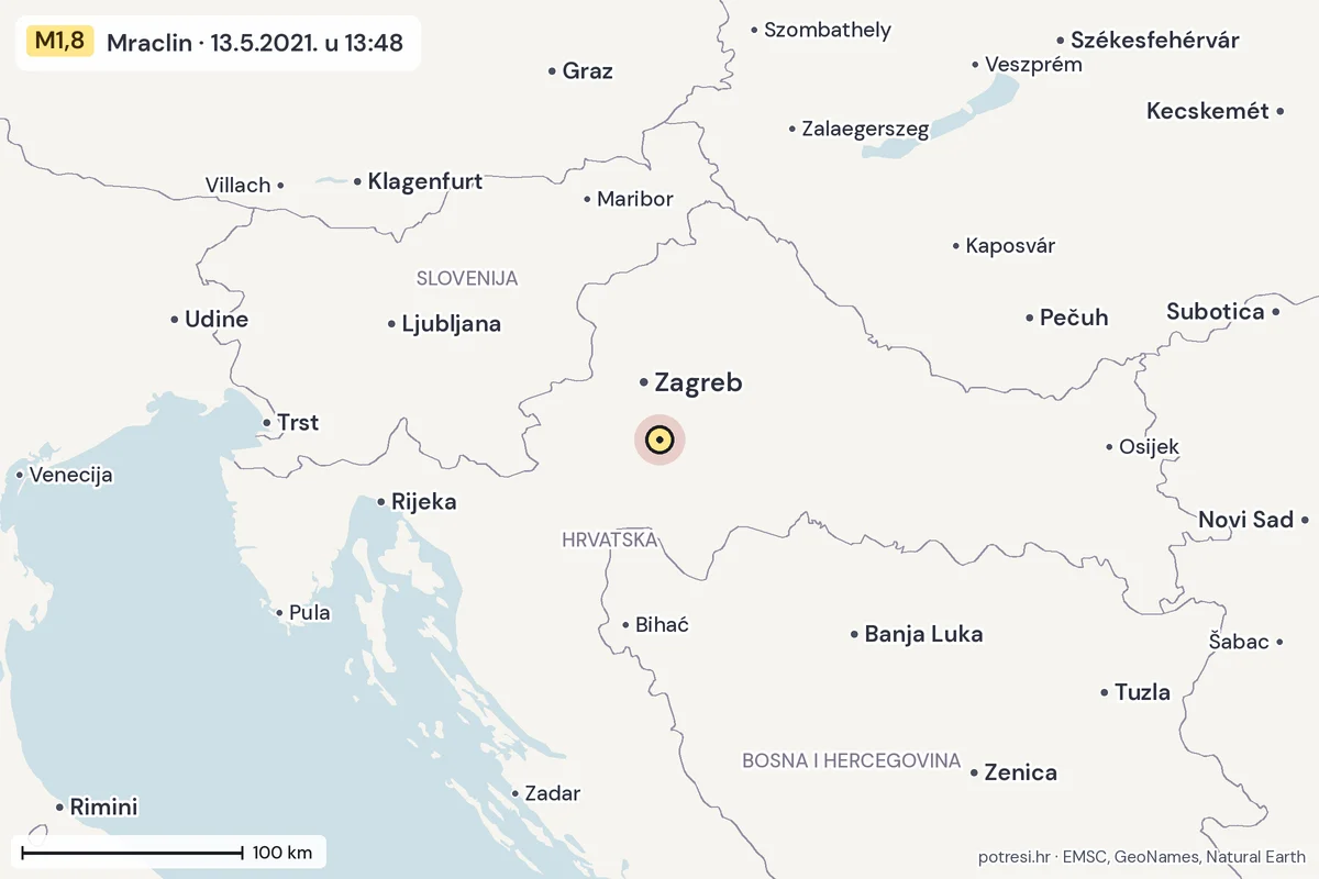 Karta: šire područje, 600 km, potres M1,8, Mraclin, 13.5.2021.
