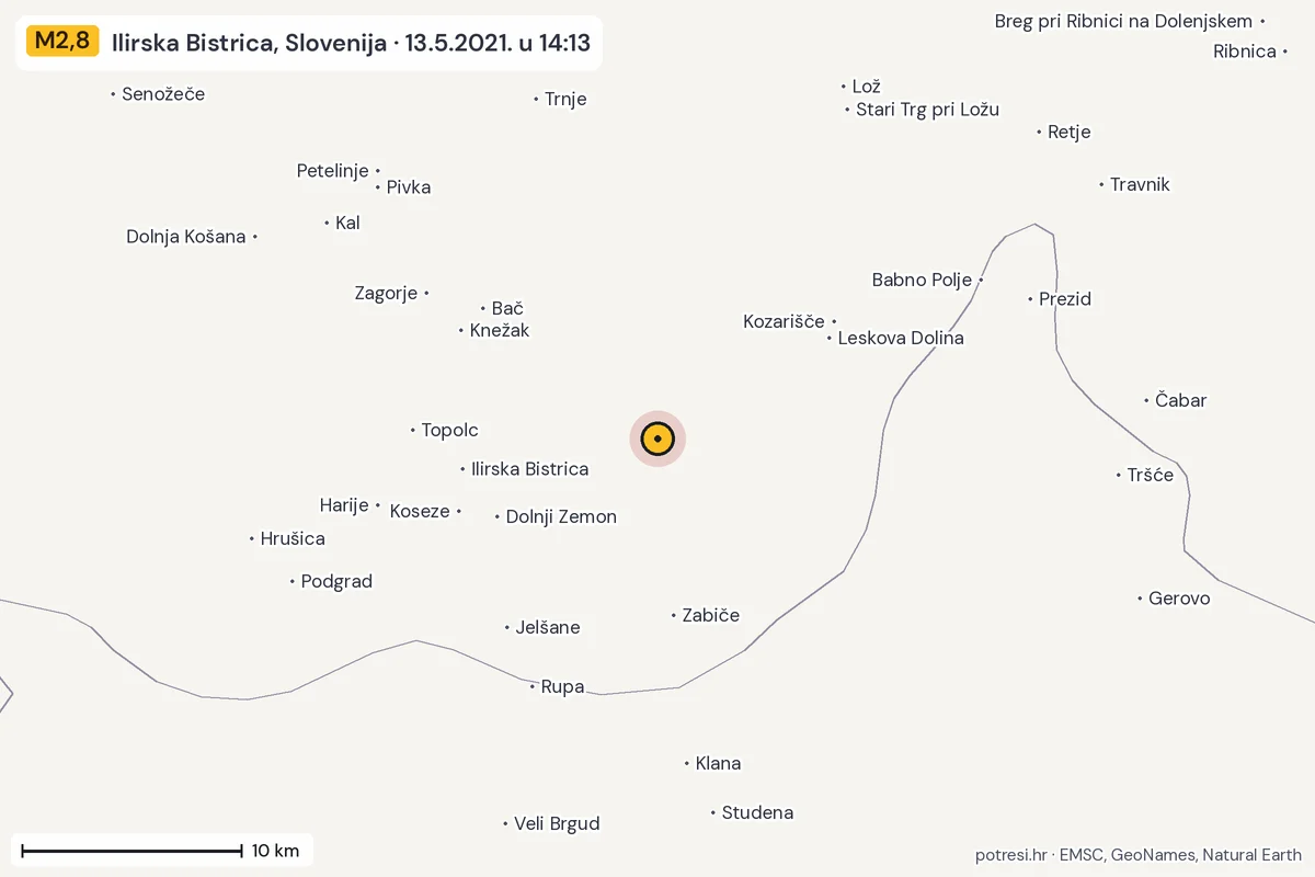 Karta: okolica epicentra, 60 km, potres M2,8, Ilirska Bistrica, Slovenija, 13.5.2021.