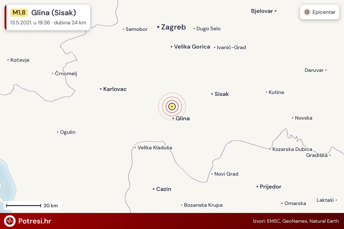 Karta: šire područje i vjerojatni doseg osjeta, potres M1,8, Glina (Sisak), 13.5.2021.