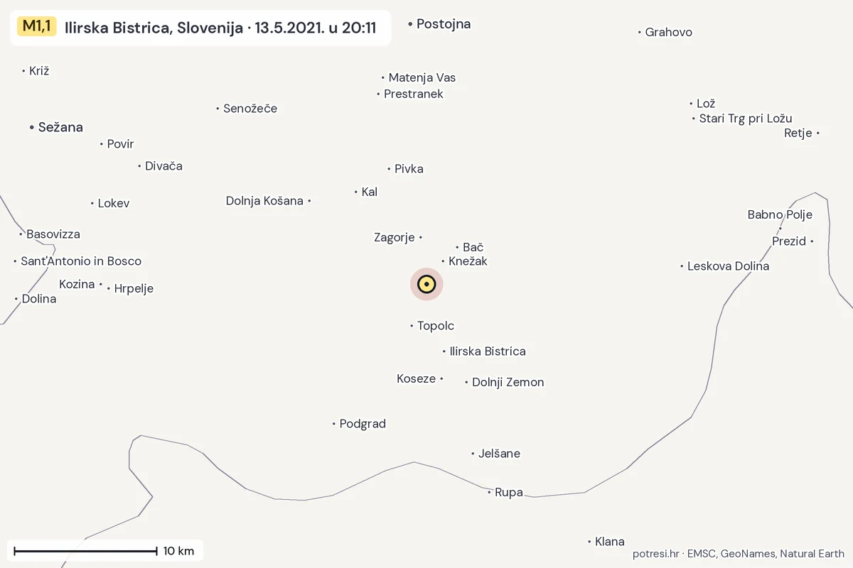 Karta: okolica epicentra, 60 km, potres M1,1, Ilirska Bistrica, Slovenija, 13.5.2021.