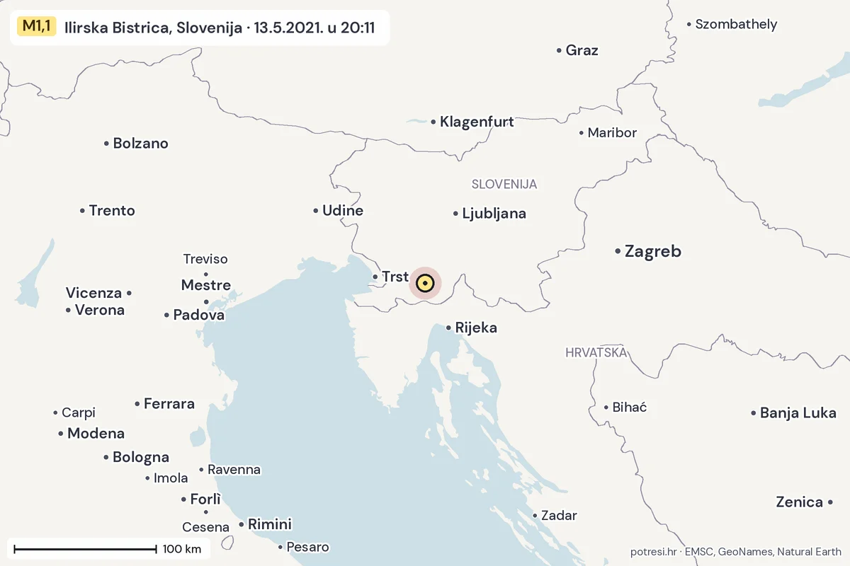Karta: šire područje, 600 km, potres M1,1, Ilirska Bistrica, Slovenija, 13.5.2021.