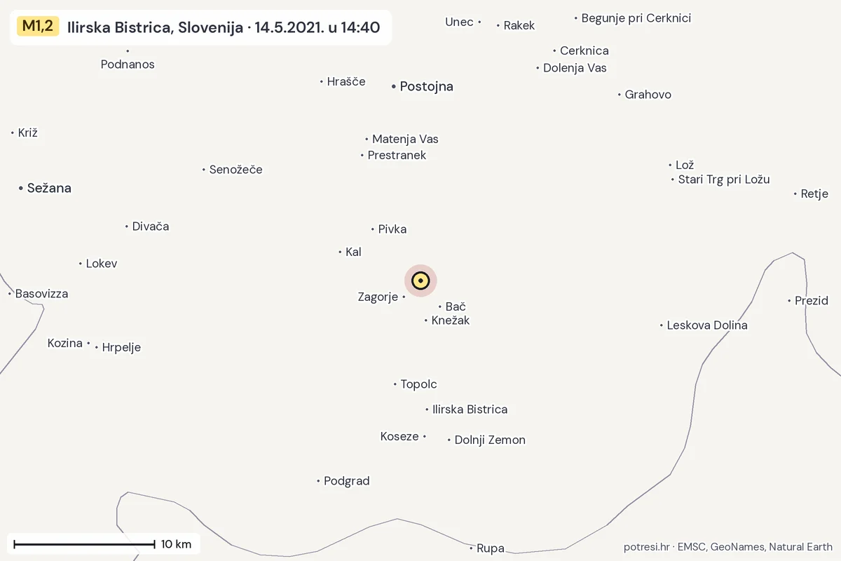 Karta: okolica epicentra, 60 km, potres M1,2, Ilirska Bistrica, Slovenija, 14.5.2021.