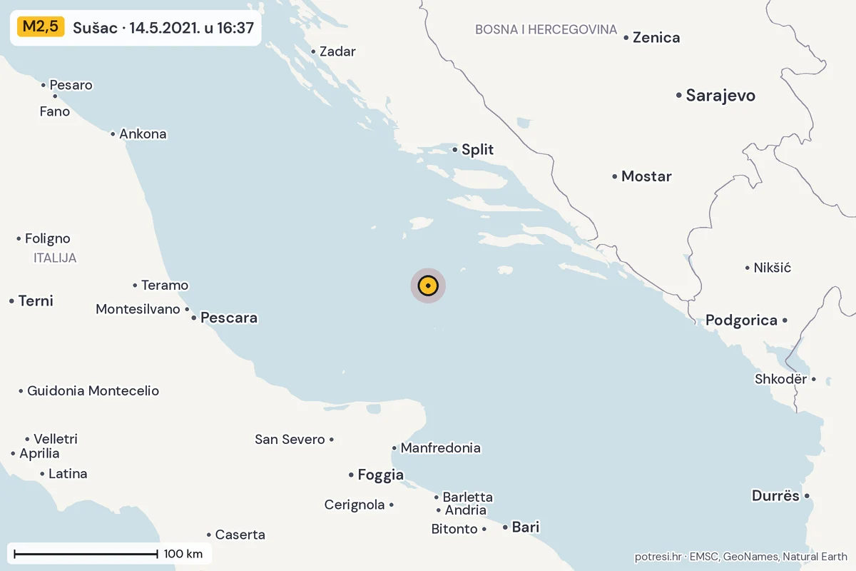 Karta: šire područje, 600 km, potres M2,5, Sušac, 14.5.2021.