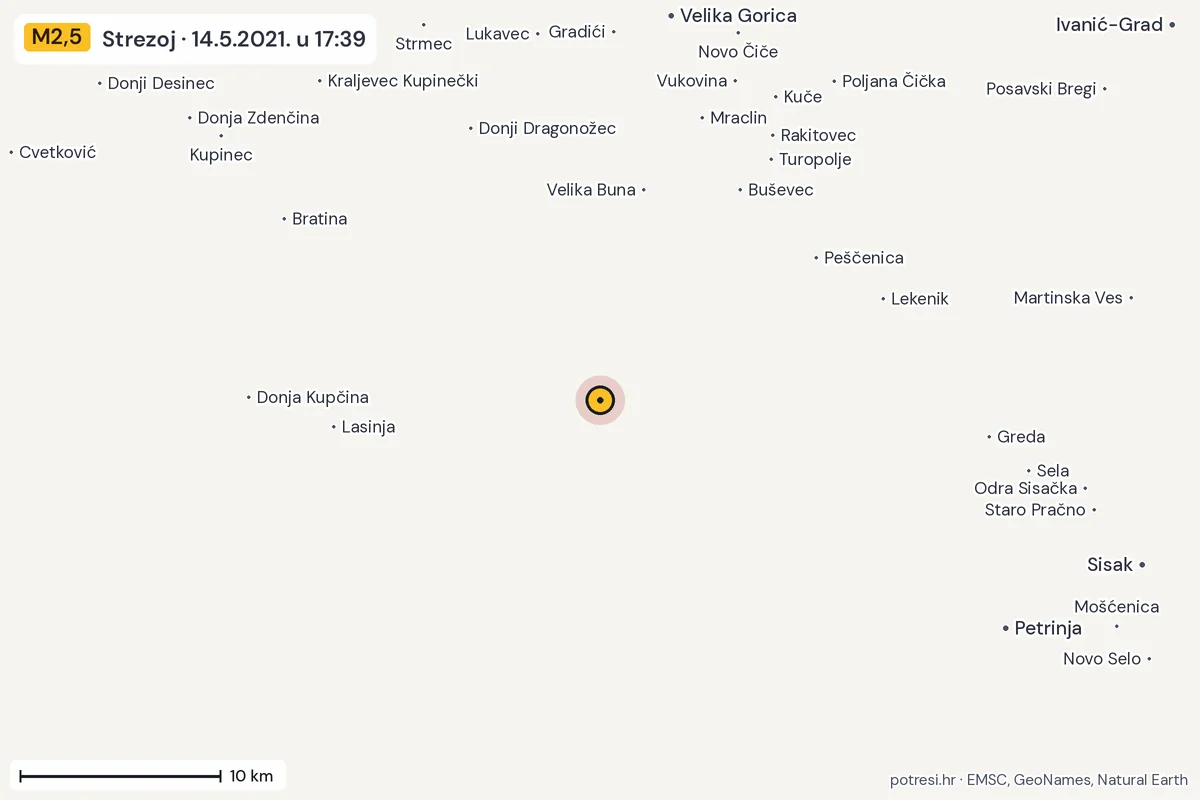 Karta: okolica epicentra, 60 km, potres M2,5, Strezoj, 14.5.2021.