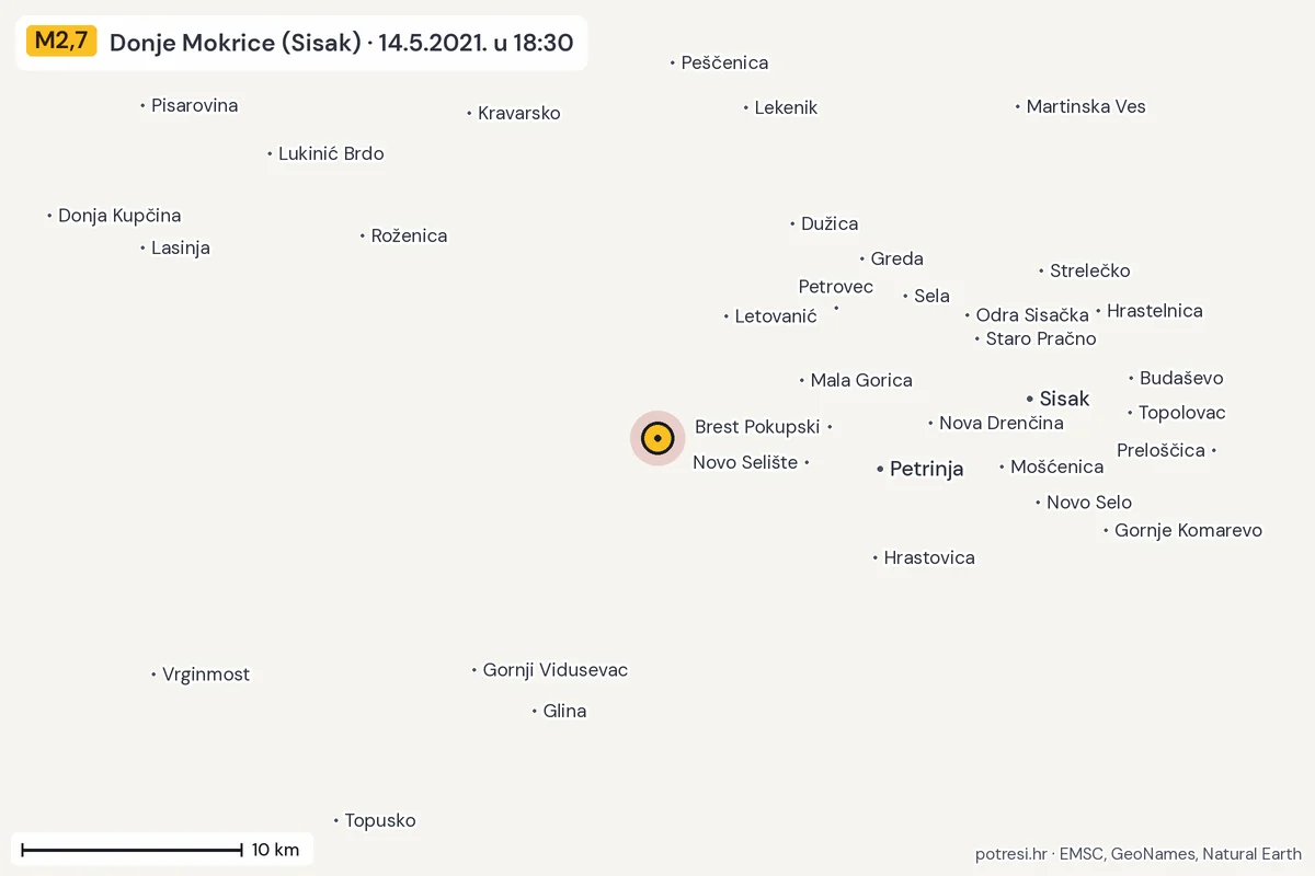 Karta: okolica epicentra, 60 km, potres M2,7, Donje Mokrice (Sisak), 14.5.2021.
