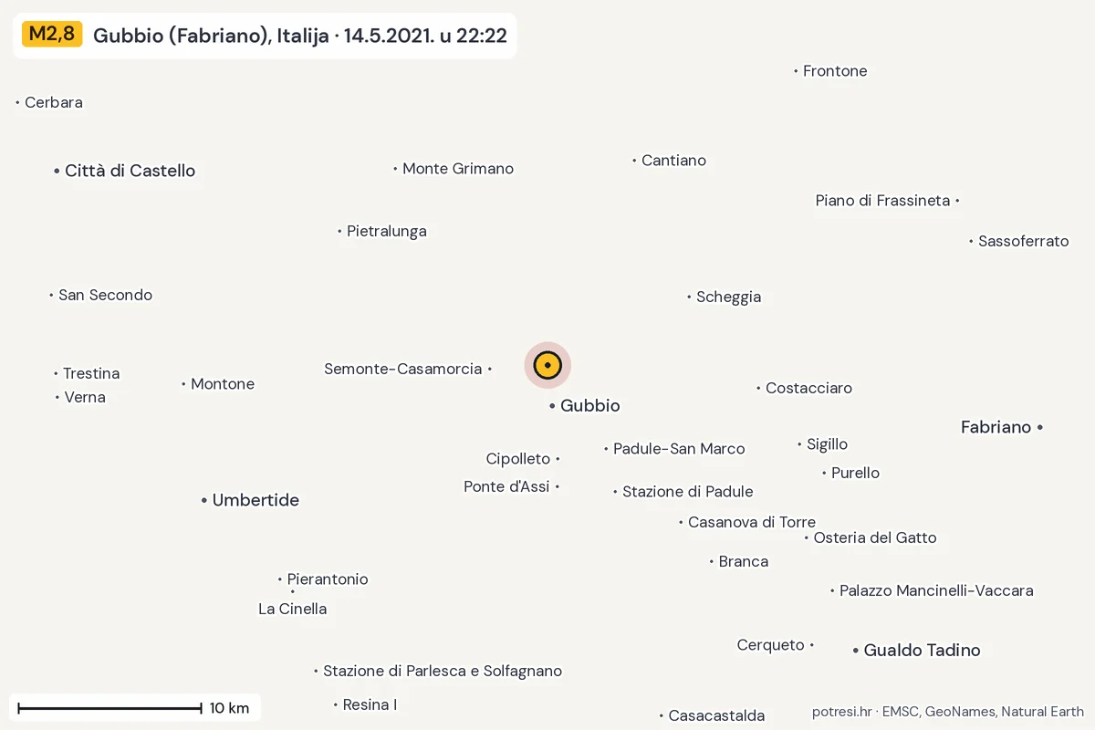Karta: okolica epicentra, 60 km, potres M2,8, Gubbio (Fabriano), Italija, 14.5.2021.