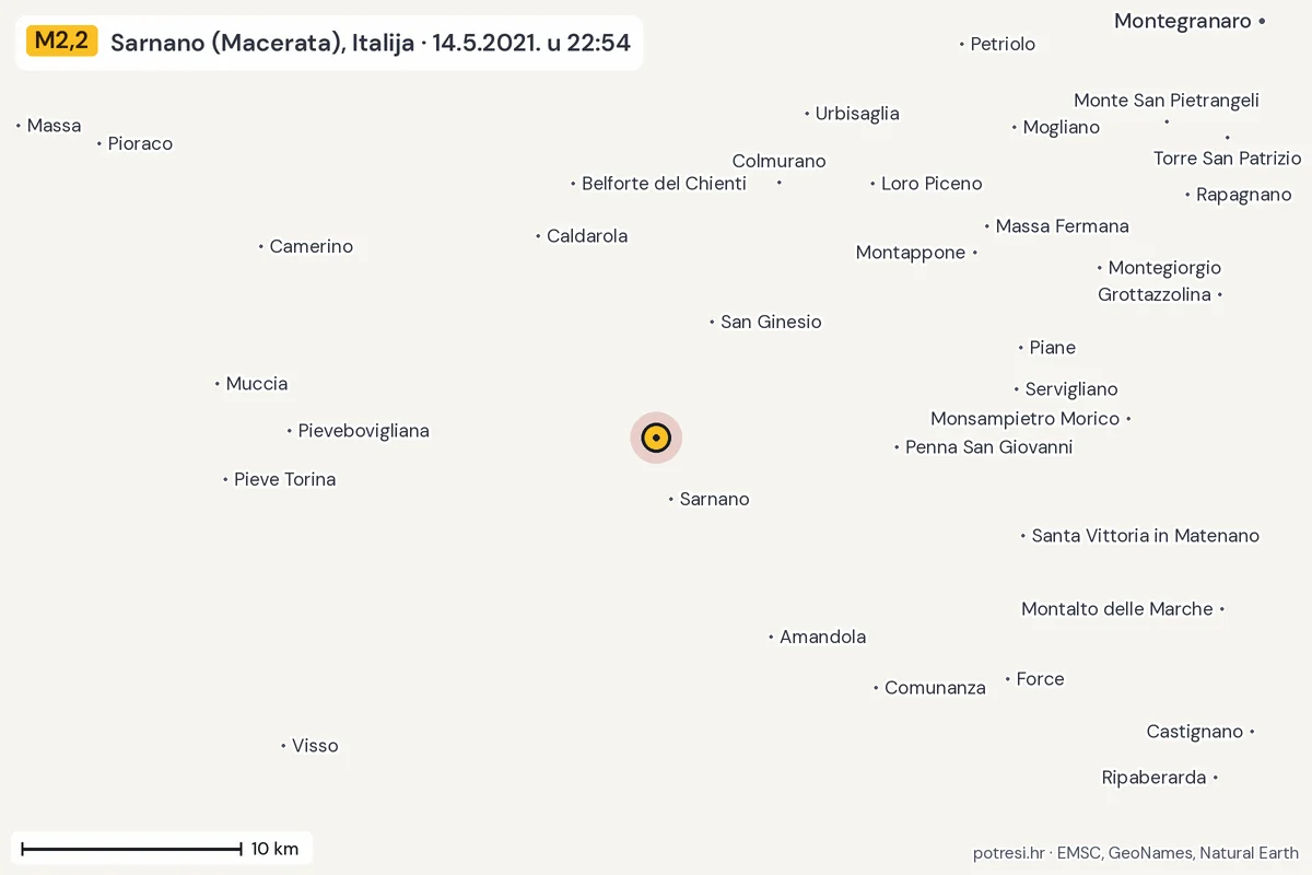 Karta: okolica epicentra, 60 km, potres M2,2, Sarnano (Macerata), Italija, 14.5.2021.