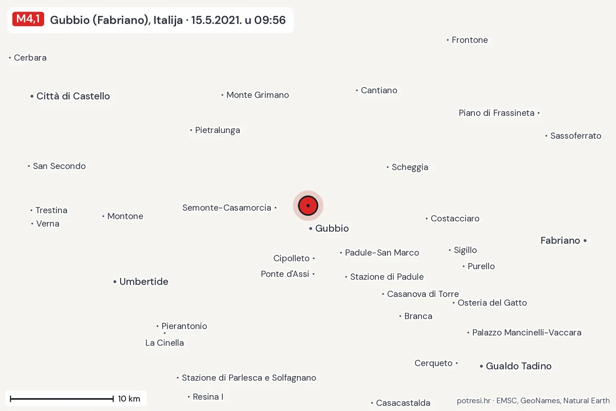 Karta: okolica epicentra, 60 km, potres M4,1, Gubbio (Fabriano), Italija, 15.5.2021.