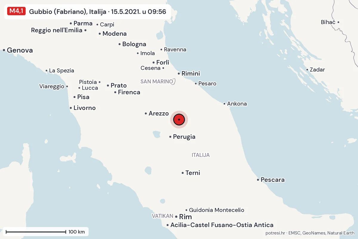 Karta: šire područje, 600 km, potres M4,1, Gubbio (Fabriano), Italija, 15.5.2021.